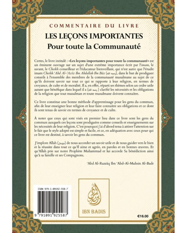Photo LES LEÇONS IMPORTANTES – IBN BÂZ – COMMENTAIRE D’ABD AR-RAZZAQ AL-BADR – IBN BADIS – IBN BADIS - Ibn badis