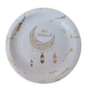 assiettes cartonnées blanc or eid mubarak – 8pcs